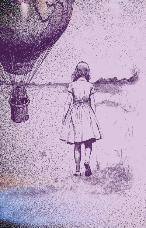 Barn i profil och illustration med barn och luftballong inför Nyfiken på: Stora röster