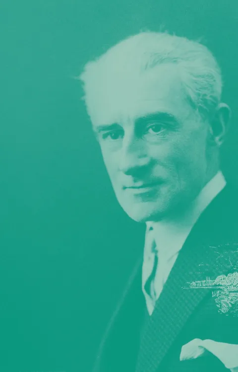Infärgat porträtt på Maurice Ravel