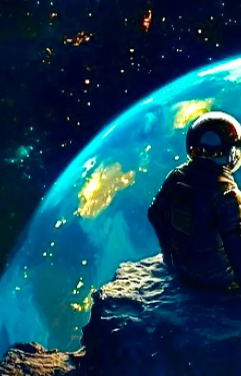 Ryggtavlan av två barn som sitter på en rymdsten i astronautkläder och blickar ner över jorden. Ett av barnen har en elgitarr på ryggen.