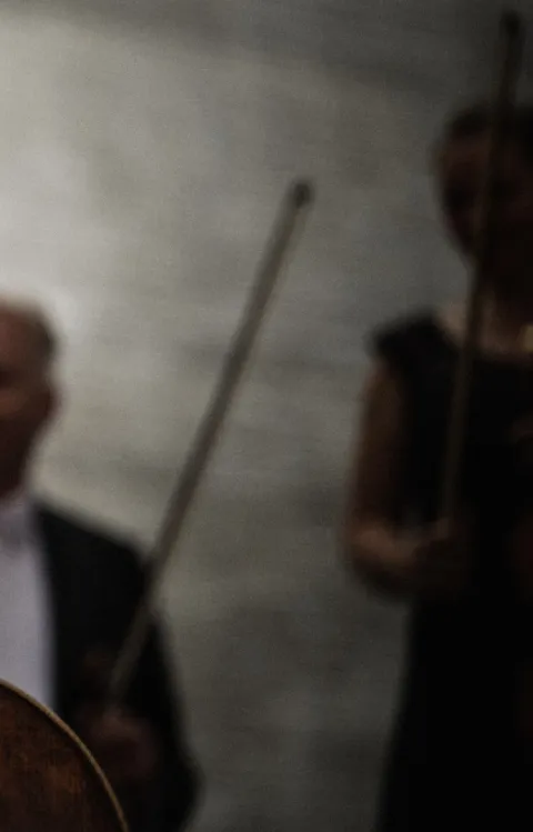 Violin i närbild och stråke. Silhuett av stråkmusiker i bakgrunden.