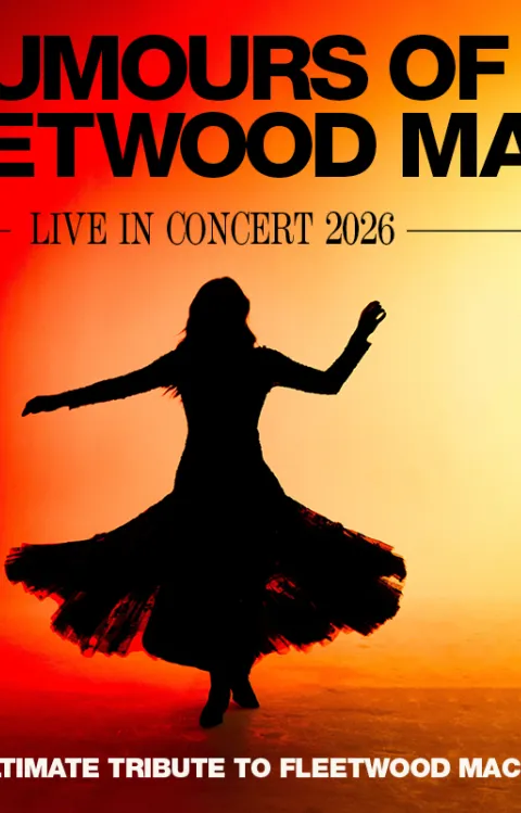 Silhuett av dansande person i klänning mot varm bakgrund. Texten Rumours of Fleewood Mac