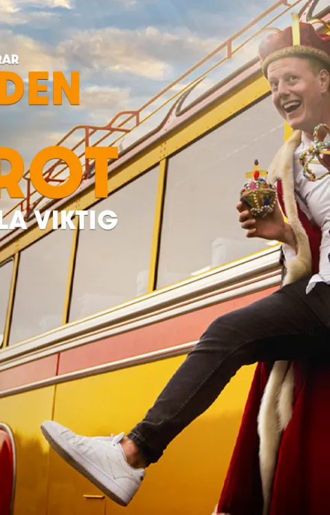 Conrad Molden med krona på huvudet på väg ut ur en buss: Conrad Molden – King Carrot – Don't come here och spela viktig