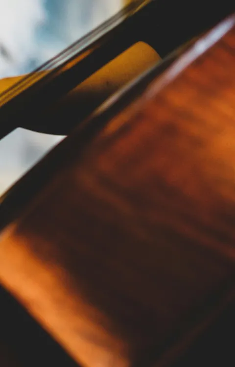 Närbild på cello och stråke