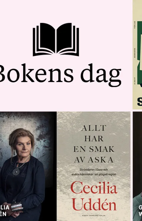 Bildcollage med bokomslag till medverkande författares böcker under Bokens dag 2025, samt Bokens dags logotyp