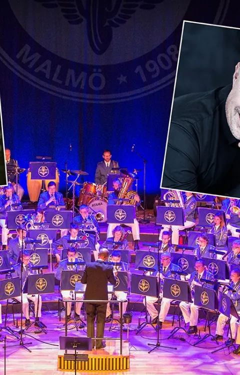 Spårvägens Musikkår på scen i Konsertsalen, samt porträtt av Hedvig Backe och Daniel Dahlqvist