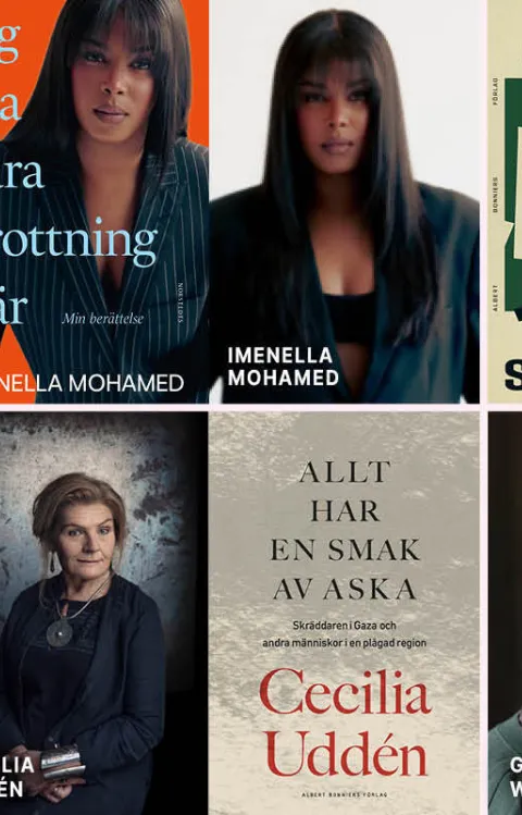 Bildkollage med bokomslag till medverkande författares böcker under Bokens dag 2025, samt Bokens dags logotyp