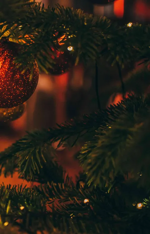 Stämningsfull bild på julkula i närbild i julgran