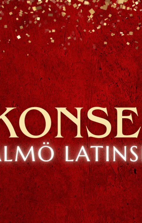 Röd bakgrund med texten Julkonsert med Malmö Latinskola