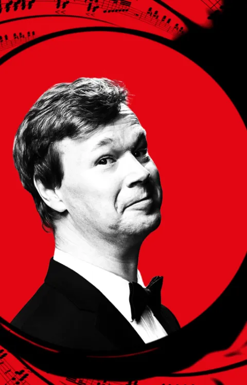 Johan glans porträtt i en virvel av noter