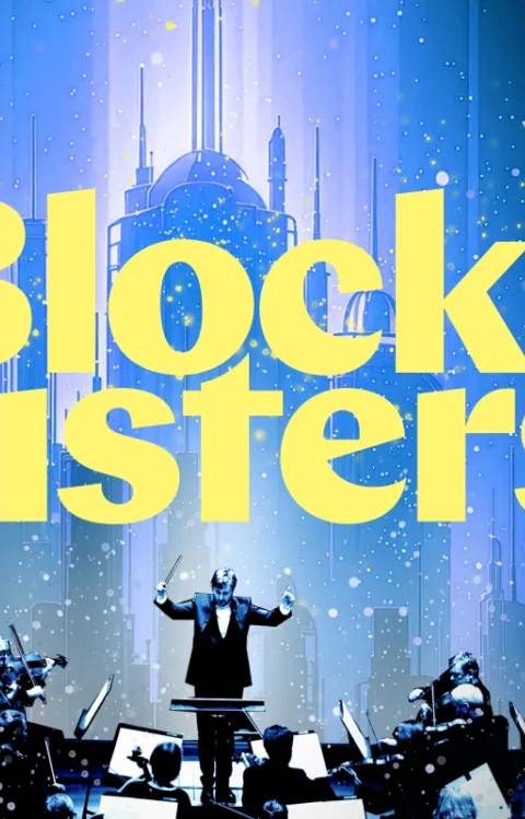 Dekorativ bild med texten Blockbusters, silhuetten av ett rymdskepp och en orkester på scen.