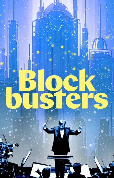 Dekorativ bild med en dirigent som leder en orkester framför rymdskepp och texten "Blockbusters"