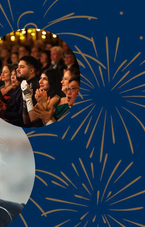 Martyn Brabbins, Maria Bengtsson och Björn Kjellman, medverkande i nyårsgala 2025 och ett klockur.