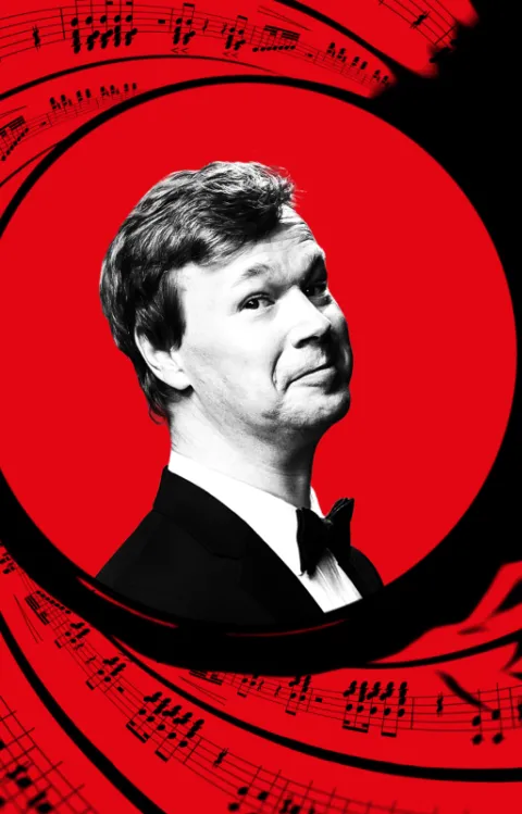 Johan glans porträtt i en virvel av noter