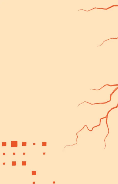 En bild av en staty i blå ton, med orange fyrkanter och blixtliknande streck runtom