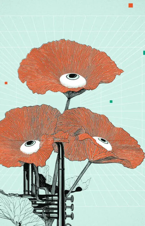 Abstrakt illustration med blommor och geometriska former.