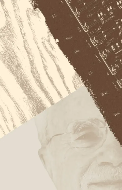 Abstrakt bild med noter, trästruktur och en del av ett ansikte.