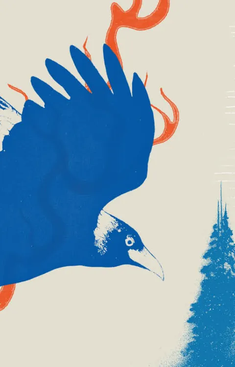 En blå fågel flyger över en skog med eld som följer efter den