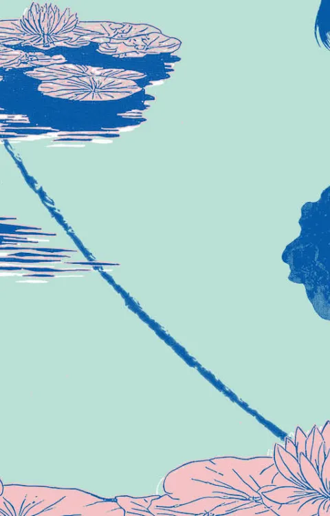 Illustration av en person med parasoll vid en vattenyta med näckrosblad.