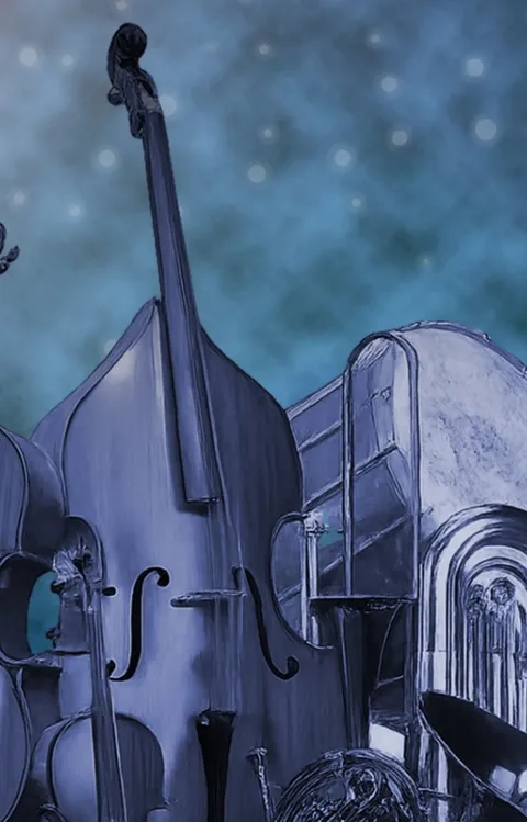 Dekorativ bild med stråkinstrument och harpa.