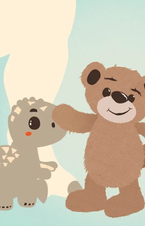 Nalle och en dinosaurie framför en pastellfärgad bakgrund till konserten Nalle och Dinosaurierna med Malmö Symfoniorkester.