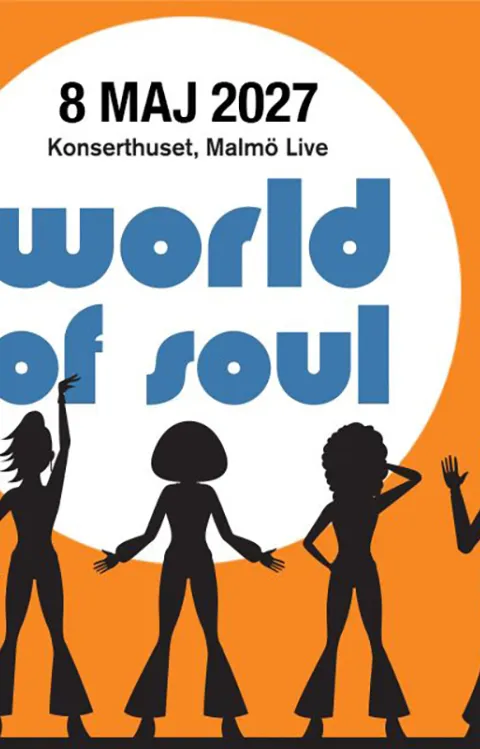 World of Soul med Malmö Brandkårs orkester - svart illustration av okända soul artister framför en orange bakgrund med en vit cirkel i mitten