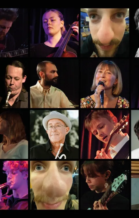 The picture shows small windows with faces of various musicians from the Malmö Academy of Music.