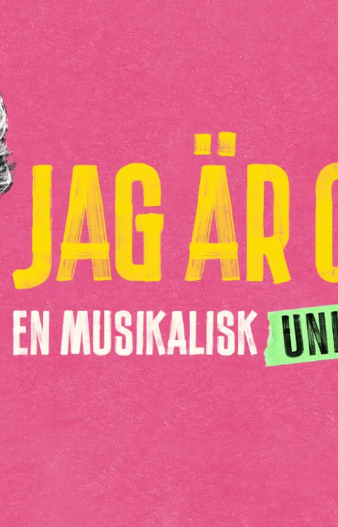 Porträtt av Carola när hon är i yngre ålder med gul tröja och rosa bakgrund