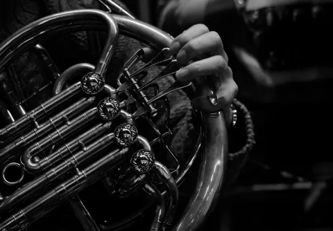 Dekorativ evenemangsbild till Kammarmusik med Musikhögskolan i Malmö, valthorn i närbild