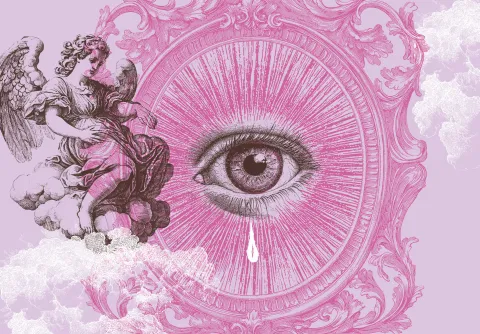 Dekorativ illustration över tårfyllt öga i en rosa himmel.