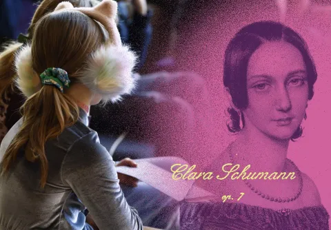 Barn i profil och infärgat porträtt över Clara Schumann