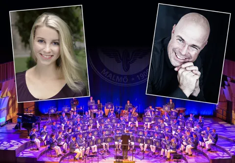 Spårvägens Musikkår på scen i Konsertsalen, samt porträtt av Hedvig Backe och Daniel Dahlqvist