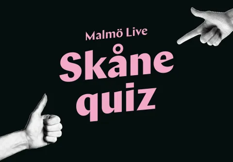 Två händer som pekar och gör tumme upp på titel "Malmö Live Skåne Quiz"