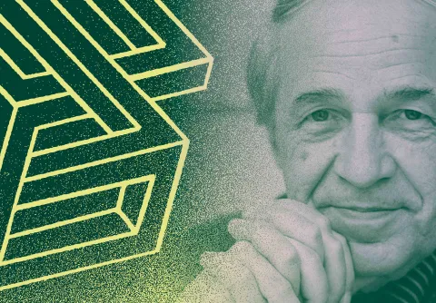 Infärgad bild av Pierre Boulez med grafiskt element