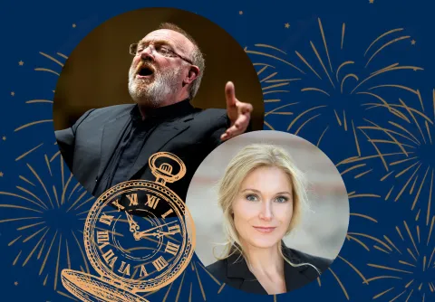 Martyn Brabbins, Maria Bengtsson och Björn Kjellman, medverkande i nyårsgala 2025 och ett klockur.