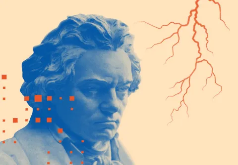 En bild av en staty i blå ton, med orange fyrkanter och blixtliknande streck runtom till konserten Beethovens femma med Malmö Symfoniorkester.