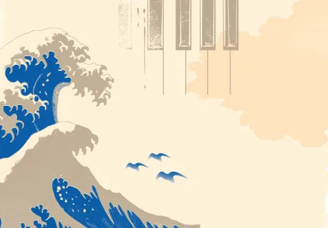 Illustration med vågor, fåglar och stiliserade grafiska element till konserten Debussys La Mer med Malmö Symfoniorkester.