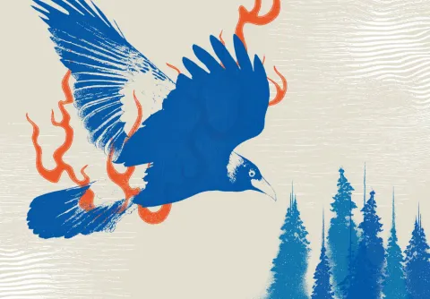 Tecknad blå fågel avbildas ovanför flera träd med flammande detaljer till konserten Eldfågeln med Malmö Symfoniorkester.