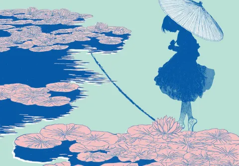 Illustration av en person med parasoll vid en vattenyta med näckrosblad till konserten Mozarts Elvira Madigan med Malmö Symfoniorkester.