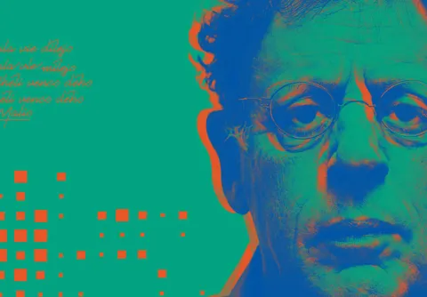 Färgstark grafisk bildillustration av Philip Glass till konserten Philip Glass och Bowie med Malmö Symfoniorkester.