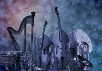 Dekorativ bild med stråkinstrument och harpa.