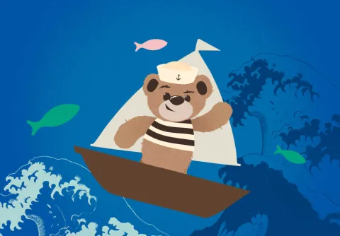 Nalle i en båt till konserten Nalle på de sju haven med Malmö Symfoniorkester.