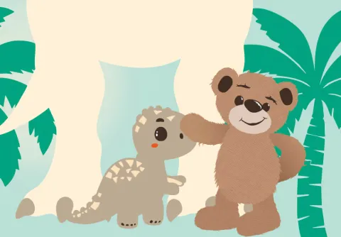 Nalle och en dinosaurie framför en pastellfärgad bakgrund till konserten Nalle och dinosaurierna med Malmö Symfoniorkester.