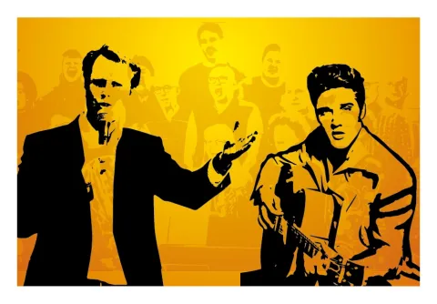 Elvis Gospels Songs - svart illustration av Elvis Presley på en guld bakgrund