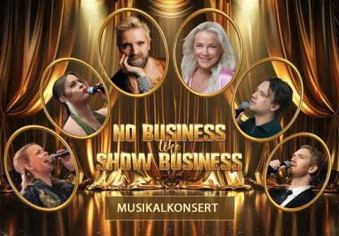 Små bilder på personer som håller mikrofoner framför en gyllene ridå.