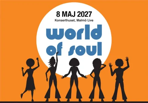 World of Soul med Malmö Brandkårs orkester - svart illustration av okända soul artister framför en orange bakgrund med en vit cirkel i mitten