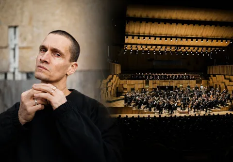 Jonathan Johansson i porträtt till vänster, tillsammans med Malmö SymfoniOrkester på scen i en konsertsal till höger.