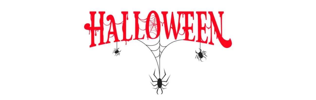 Halloween röd text och svarta spindlar