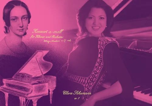 Dariescu mot dekorativ bakgrund föreställande Clara Schumann och en flygel