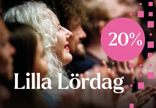 Kvinna i publikhav samt text "Lilla lördag" och "20%"