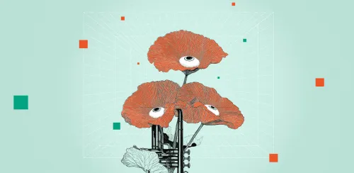 Abstrakt illustration med blommor och geometriska former.